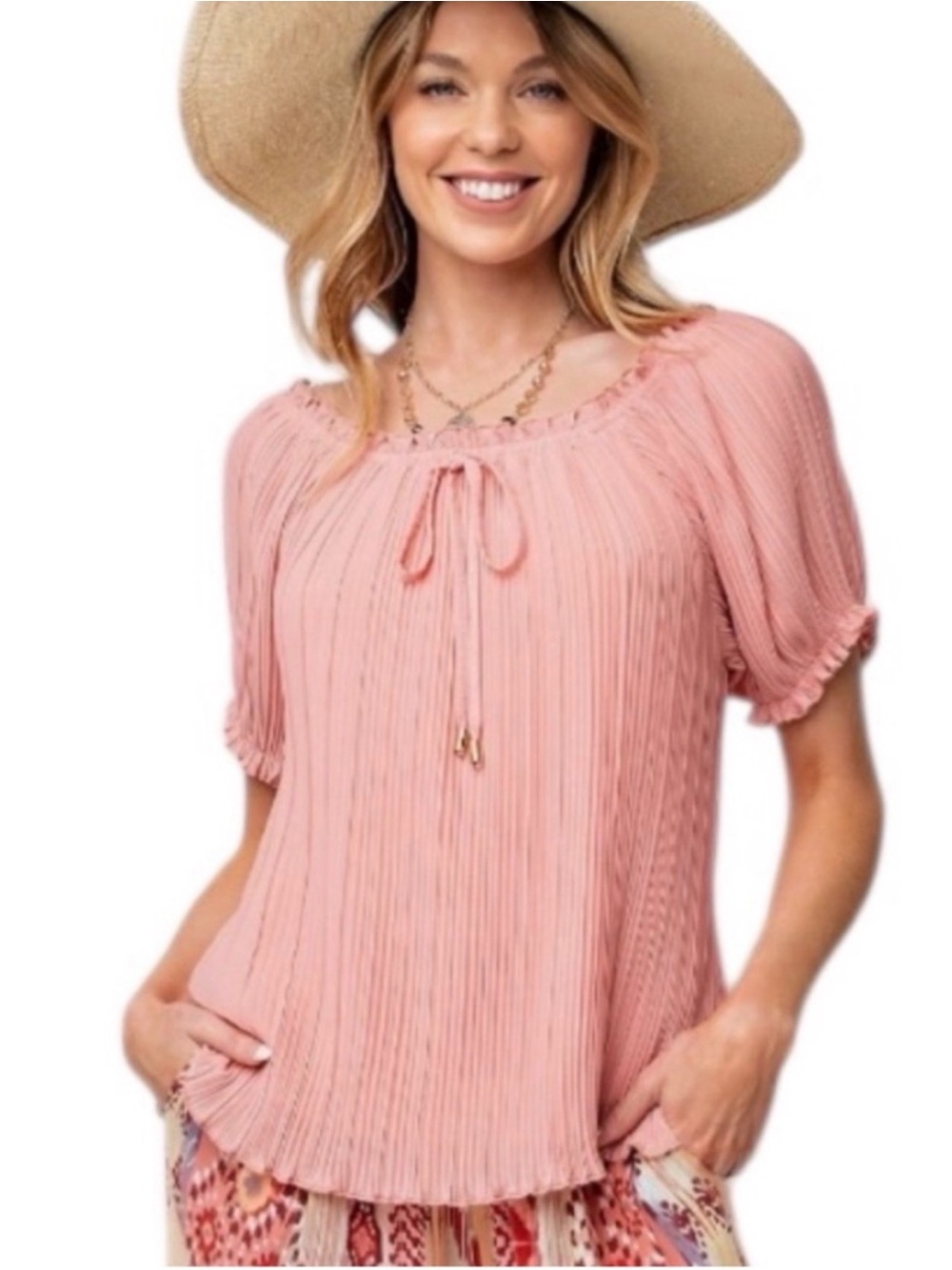 Easel  NWT Faded Coral   Pleated Off-Shoulder Blouse
